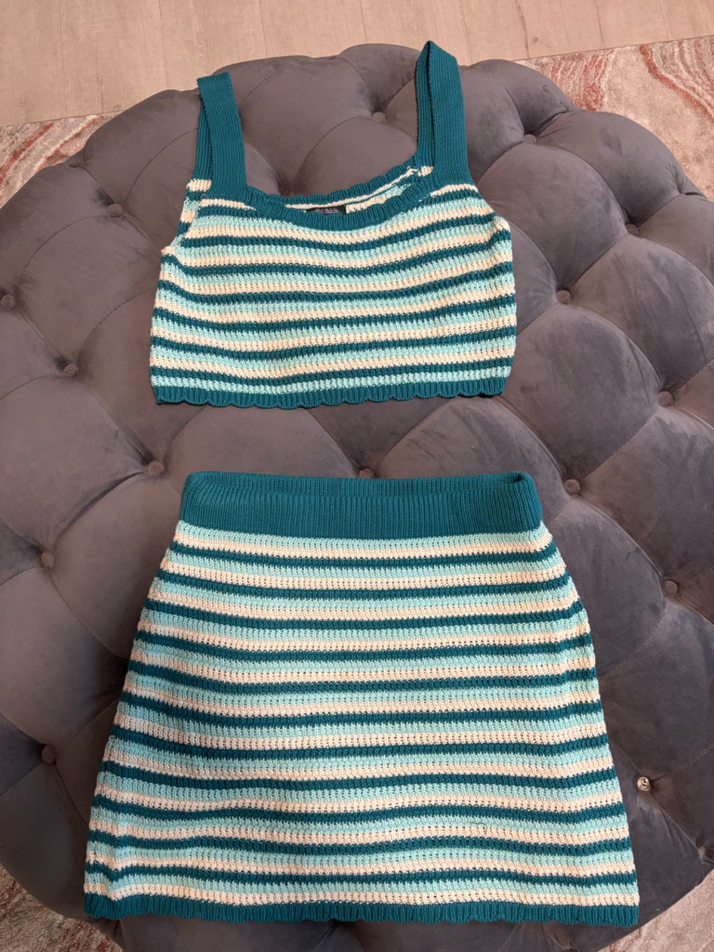 wild fable Teal & Cream Striped Knit Crop Top and Skirt Set